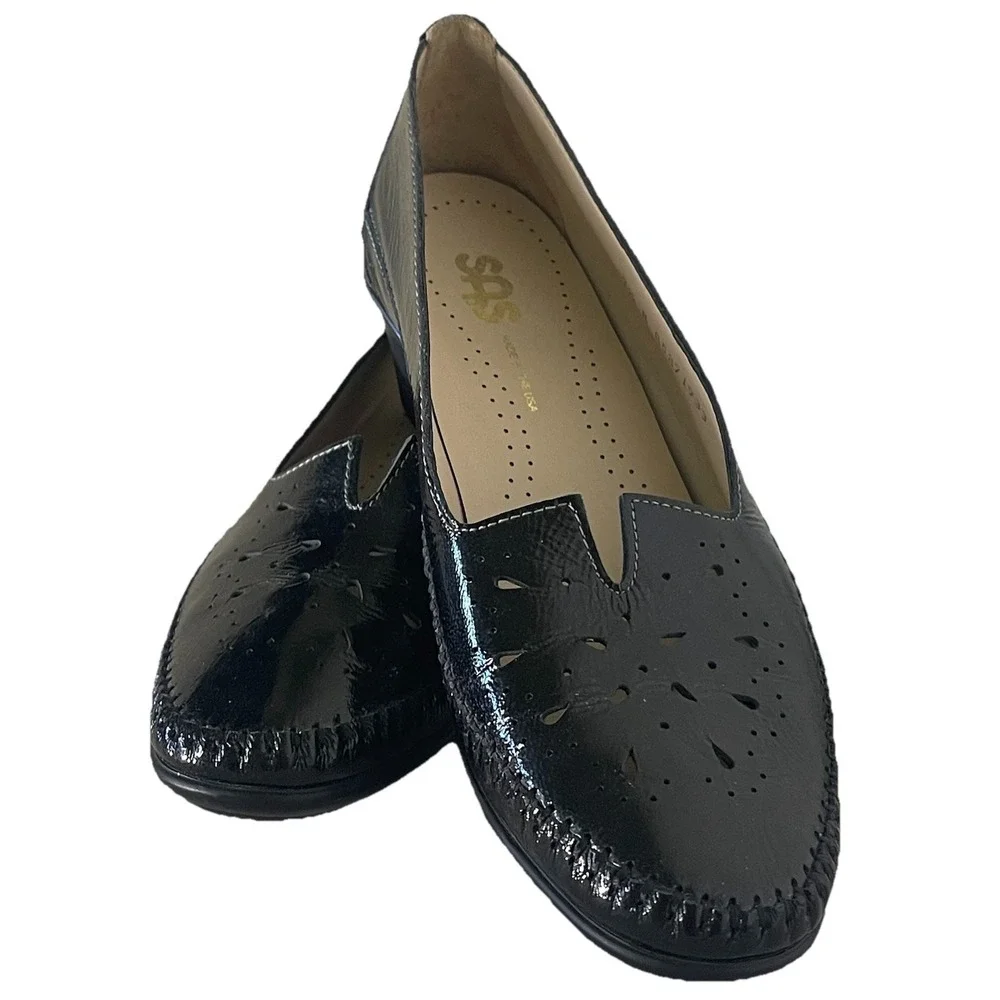 SAS Sanyo Women 7.5N Black Patent Leather Slip On Comfort Loafers‎ USA NWOB